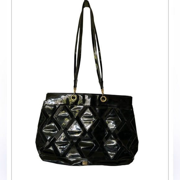 Moschino Vintage 90s Redwall Black Patent And Mesh Tote Bag Ex Large Italy - Picture 1 of 14